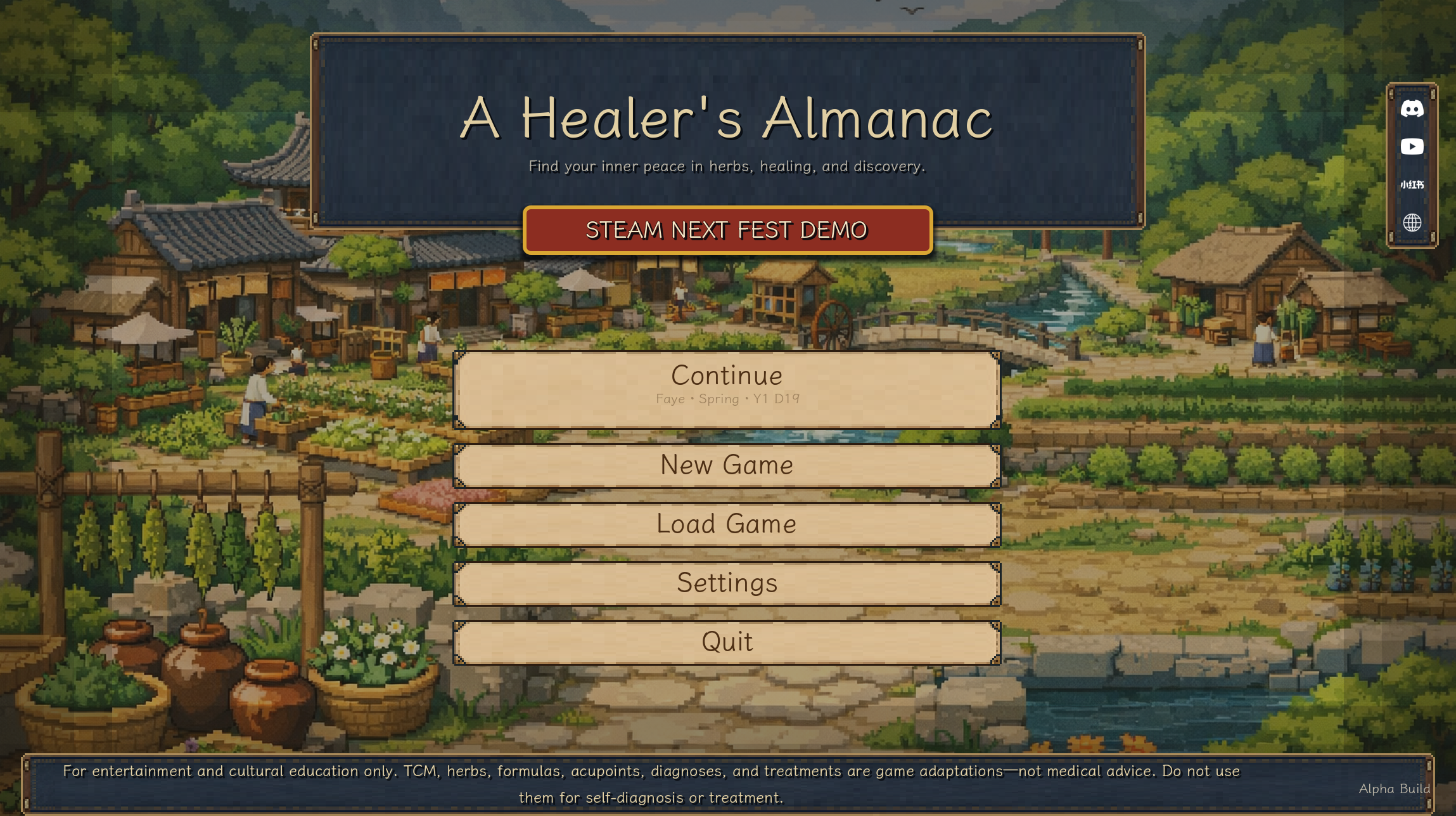 The title screen of the Steam Next Fest demo for A Healer’s Almanac