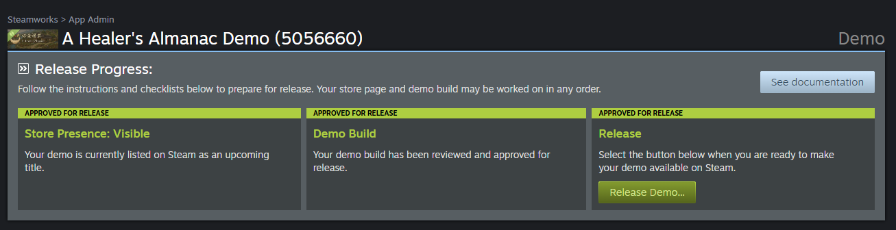 Steamworks shows the Demo store presence, build, and release as approved