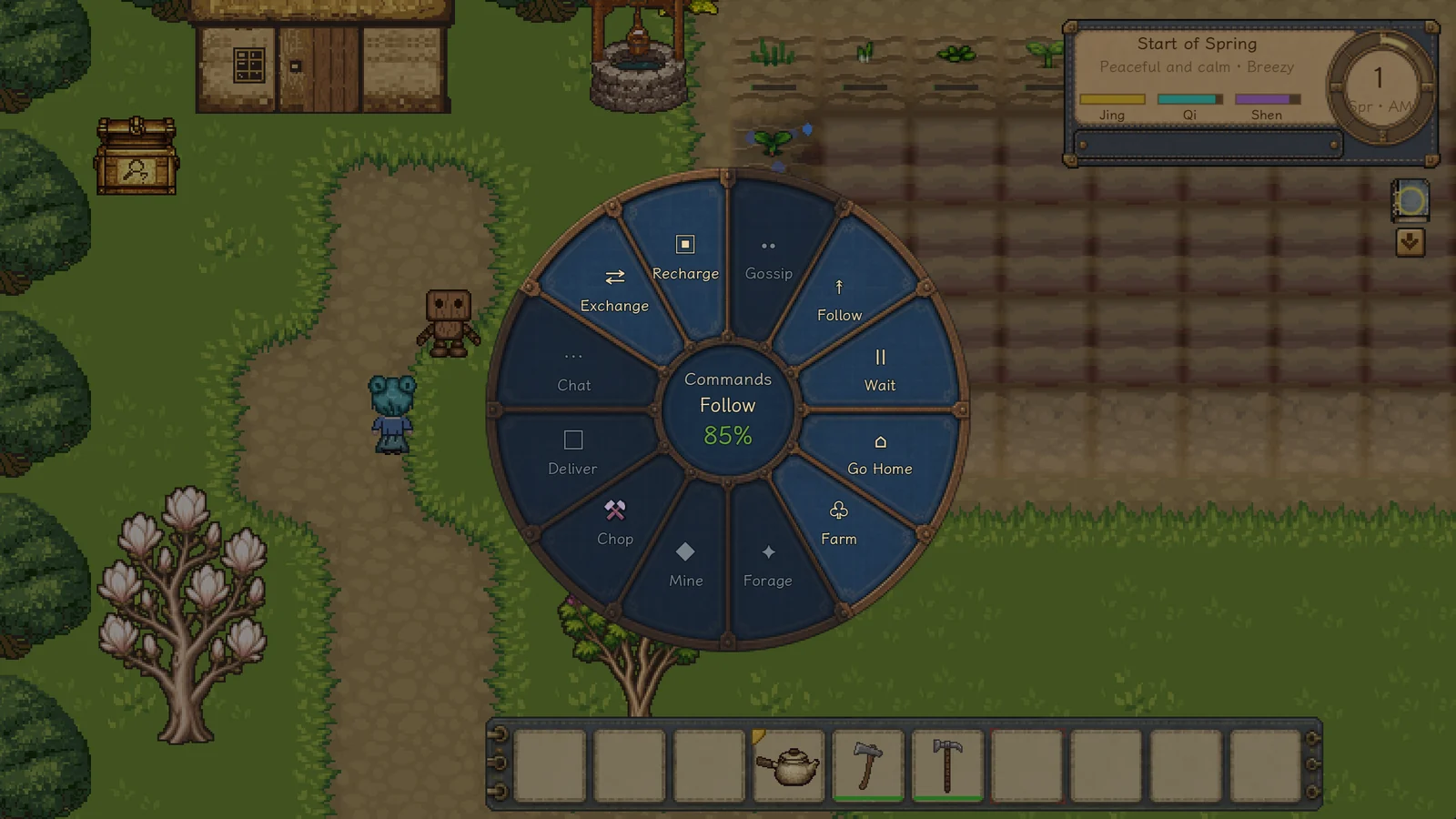 The player opening Doudou’s circular farm-command menu beside a field