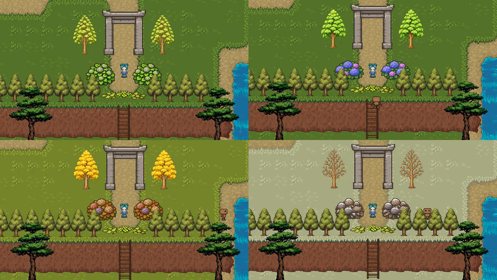 The same valley gate shown across spring, summer, autumn, and winter