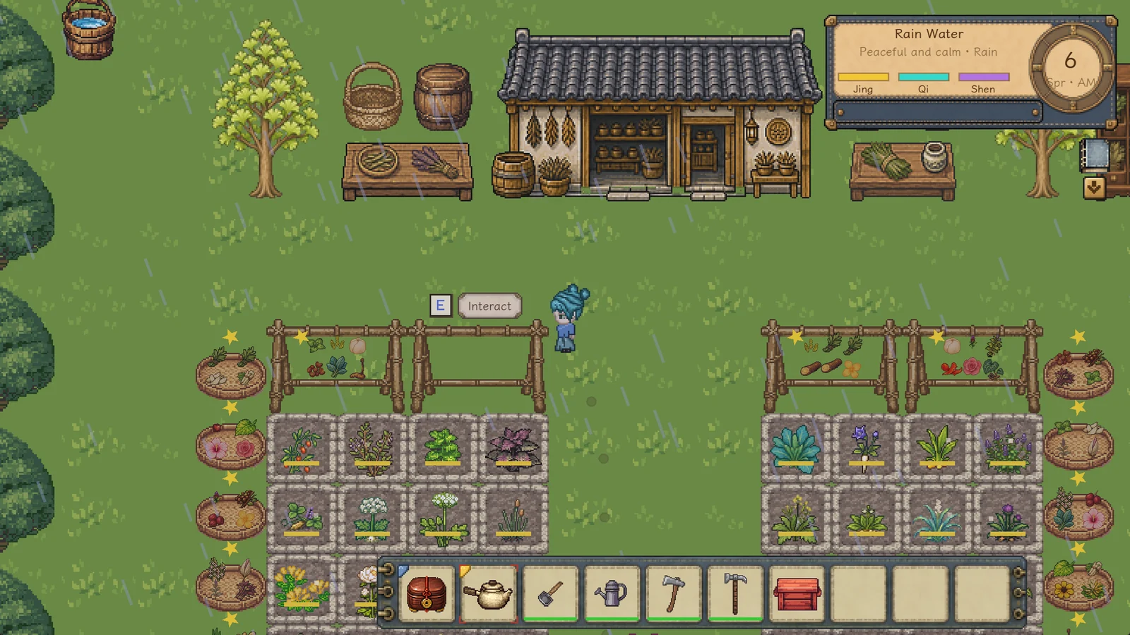 The player standing in a carefully planned garden filled with medicinal herbs