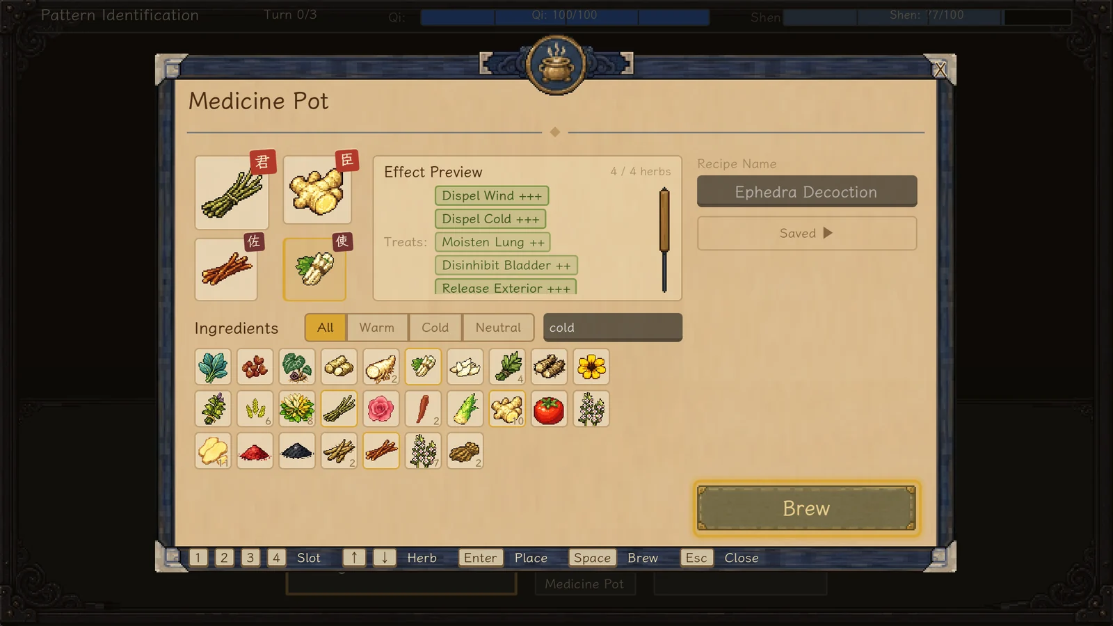 The remedy-pot interface showing a formula, pattern, and selected ingredients